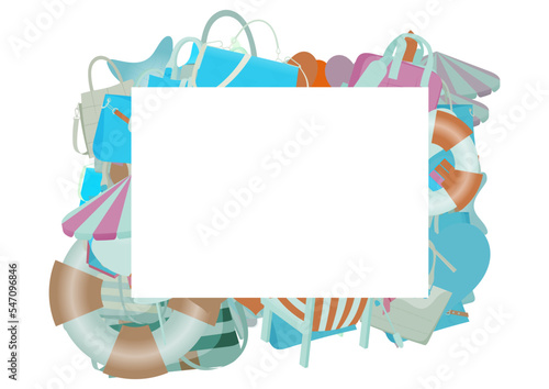Blank paper, fill yourself invitation card, with border backdrop pattern. Abstract design texture. Theme is about purse, starfish, sea, buckle, leather, travel, tourism, personal, office