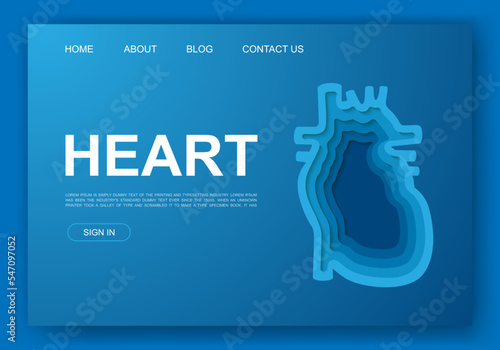 Heart 3d paper cut website template. Cardiology paper cut illustration. Internal organ symbol for landing page, advertising page.