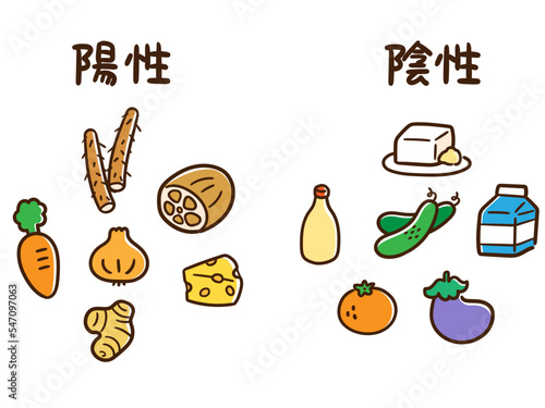 陰性と陽性の代表的なかわいいデフォルメ食材セット