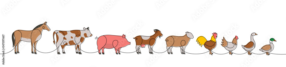 Set of Farm animal colored one line. Horse, Cow, Pig, Goat, Sheep, Chicken, Rooster, Duck, Goose silhouettes. Farm animals one line illustration.