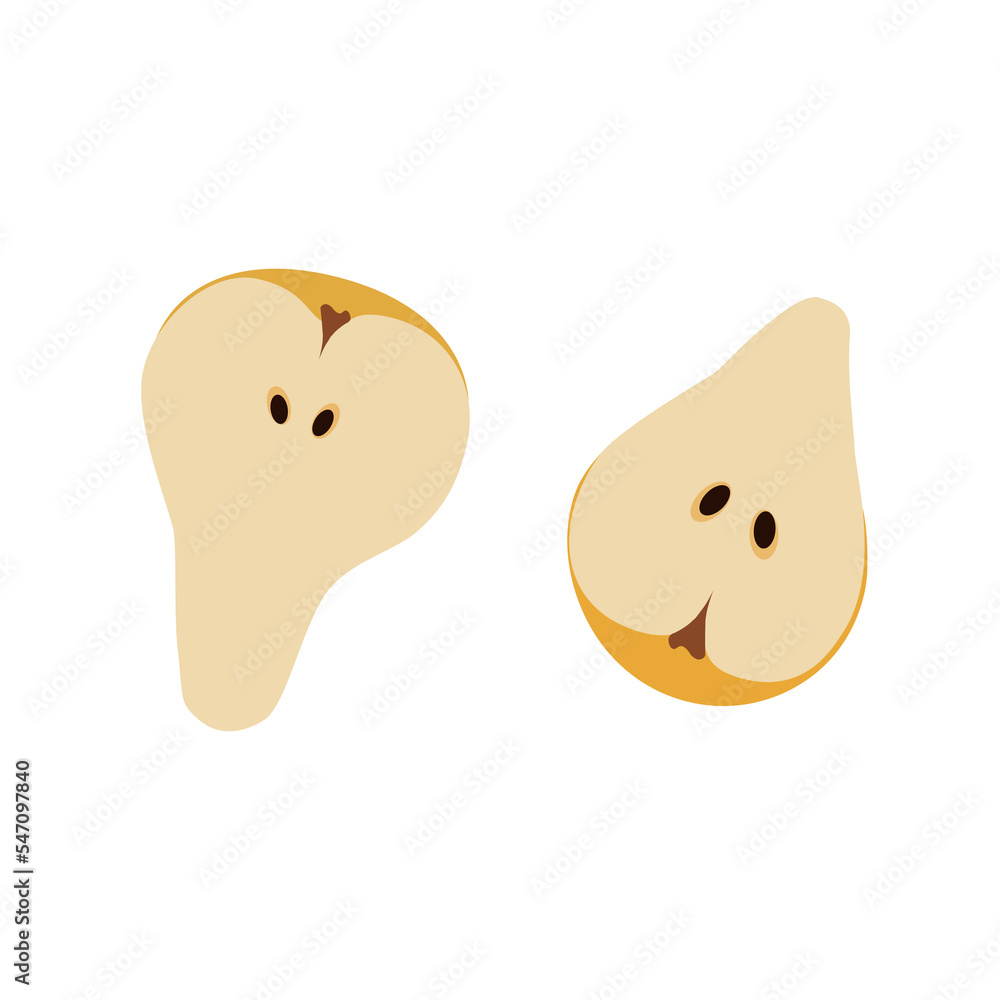 Half pear with seeds. Sliced pears collection. Cutted yellow pear vector illustration in cartoon flat style. Half pear with seeds. Sliced pears collection. Cutted yellow pear vector illustration in cartoon flat style.