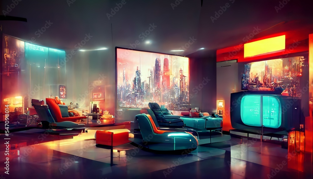 Futuristic cyberpunk living room interior design with neon lights ...