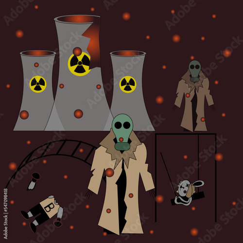 A picture with a man in a gas mask, a torn raincoat, a nuclear power plant, a playground with a swing, a rabbit toy with a severed head and paw and nuclear ashes. The concept of nuclear winter.