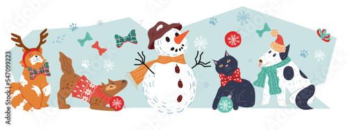 Christmas background with cute animals and snowman, flat cartoon vector illustration isolated on white. Christmas and New Year banner or greeting poster template with pets and snowman.
