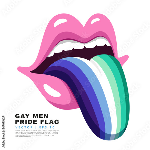 Pink lips with a protruding tongue painted in the colors of the gay men pride flag. A colorful logo of one of the LGBT flags. Sexual identification