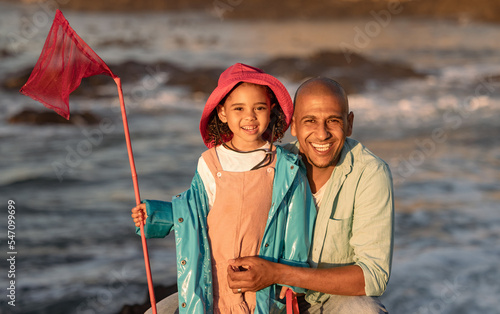 Father, child and family fishing trip while on vacation at a lake or sea together for bonding, happiness and quality time for love, care and development. Portrait of a man and daughter holding a net #547099699