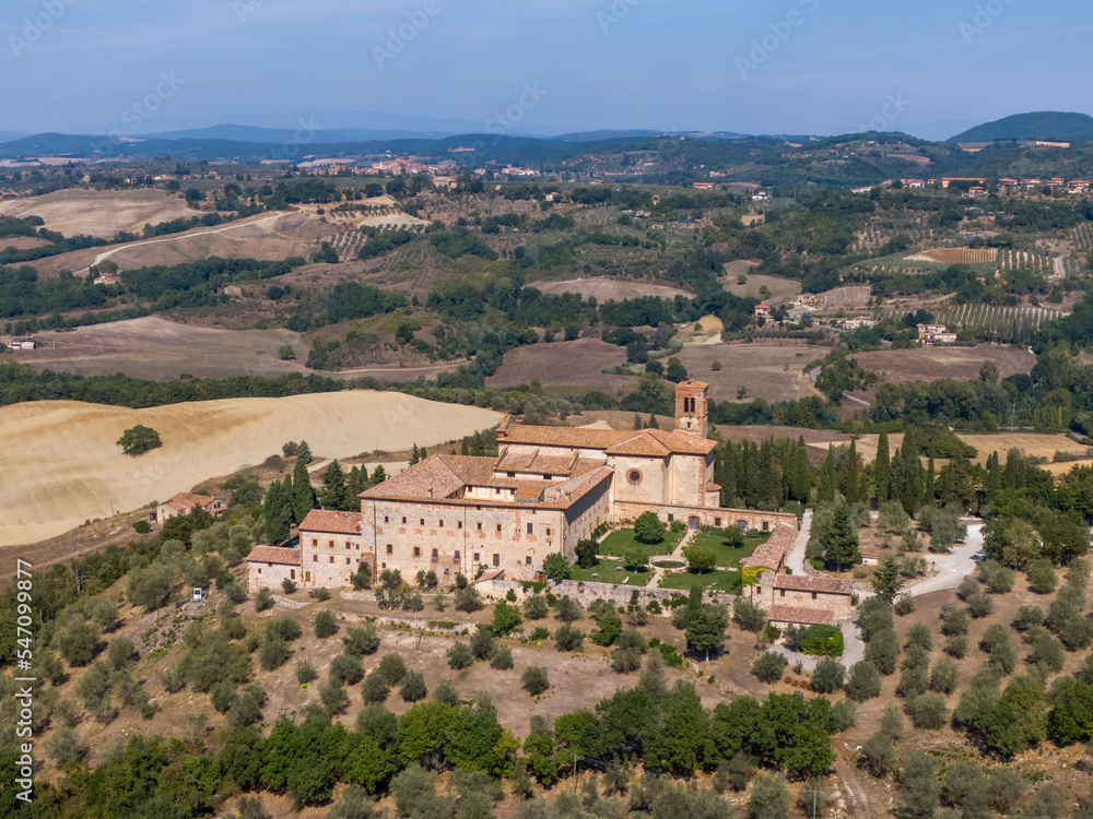 Aerial view of the monastery of Sant'Anna in Camprena where the film The English Patient takes place
