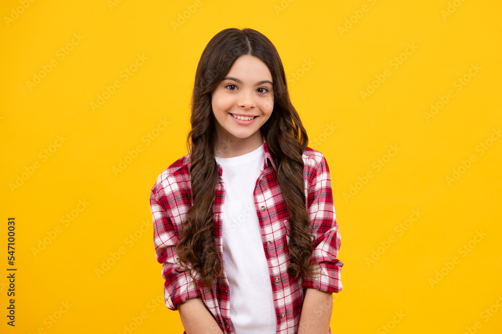 Happy teenager, positive and smiling emotions of teen girl. Children studio portrait on yellow background. Childhood lifestyle concept. Cute teenage girl face close up. Happy teenager, positive and smiling emotions of teen girl. Children studio portrait on yellow background. Childhood lifestyle concept. Cute teenage girl face close up.