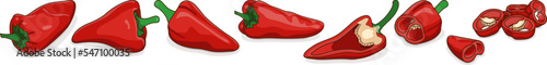 Set with whole, half, quarter, and slices of Spanish Piquillo peppers. Pimiento pepper. Capsicum annuum. Red chili pepper. Vegetables. Cartoon style. Vector illustration isolated on white background.