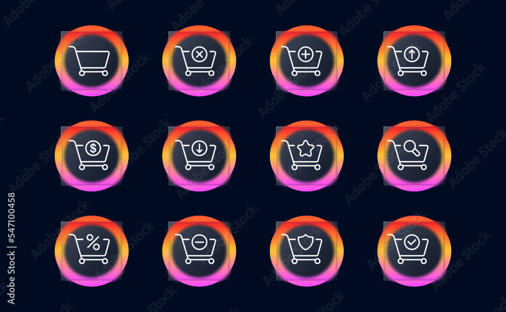 Shopping cart set icon. Check mark, cross, plus, minus, add, delete, discount, important, percentage, discount, product search, time, download, etc. Order concept. Glassmorphism style Shopping cart set icon. Check mark, cross, plus, minus, add, delete, discount, important, percentage, discount, product search, time, download, etc. Order concept. Glassmorphism style