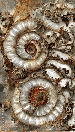 Abstract rock formations with detailed sandstone surface embedded ammonite fossil texture spiral patterns - macro closeup background resource. 