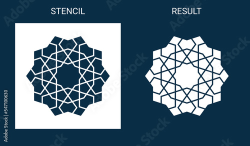 Stencil of traditional Islamic or Arabic ornament. Suitable for decoration Ramadan postcards, invitations or interiour and walls. Examples stencil and result. Vector illustration