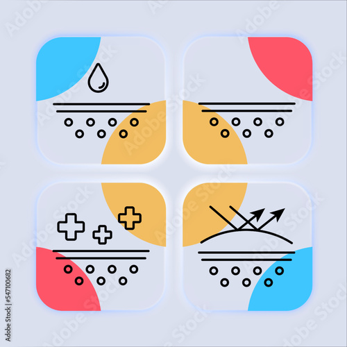 Skin care set icon. Ultraviolet, Moisturizing, Care, Evaporation, Sunscreen, Sunburn, Korean cosmetics, concealer, wetting, damping, Acne, Pores. Hygiene concept. Neomorphism. Vector line icon