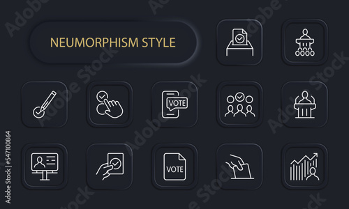 Polling station set icon. Pen, tick, vote, referendum, ballot, petition, election, vote, election campaign, statistic, elector, online, voter, suffrage, debate, checkmark, politics. Neomorphism