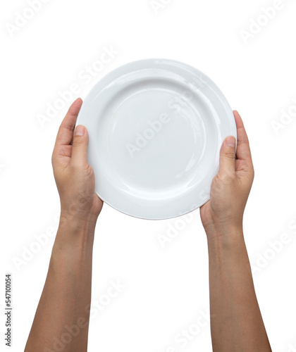 Male hands are holding a plate on a white isolated background