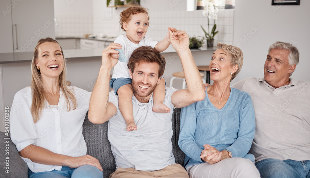 Playful, portrait and big family on the living room sofa during a visit from grandparents. Love, smile and baby bonding with his parents and senior man and woman on the couch in happiness together