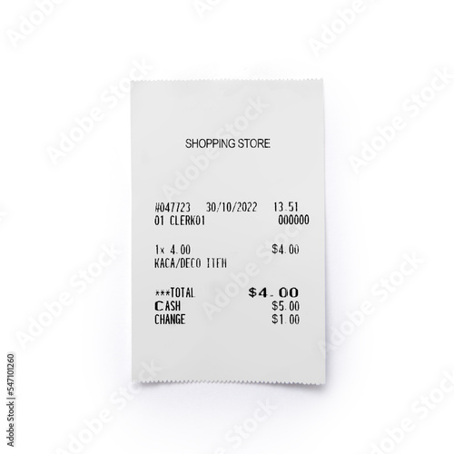 Paper printed sales shop receipt isolated on white background photo