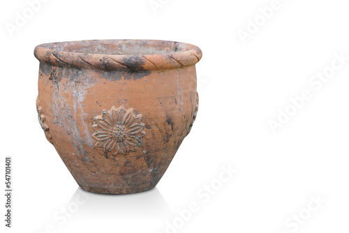 old and dirty brown and black pottery pot on white background, object, decor, vintage, copy space