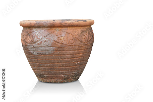 old brown cracked earthenware vase on isolated background, object, decor, dirty, copy space