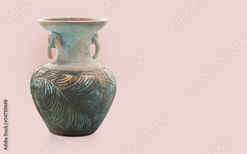 old and dirty brown and blue earthenware vase with ears on pink background, object, decor, vintage, copy space