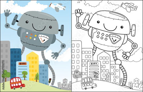 Coloring book of giant robot cartoon in the city