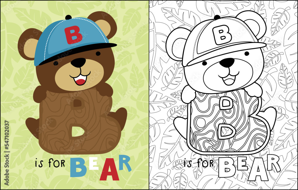 Naklejka premium Nice bear cartoon hugging B letter on leaves seamless pattern background, coloring book or page