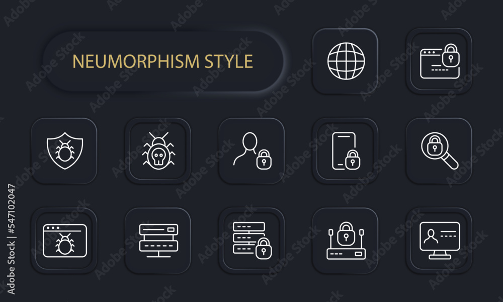 Antivirus set icon. Cyber security, password, hacker, spider, www, social network, victim, protect your computer. Notebook with shield. Privacy protection concept. Neomorphism style. Vector line icon Antivirus set icon. Cyber security, password, hacker, spider, www, social network, victim, protect your computer. Notebook with shield. Privacy protection concept. Neomorphism style. Vector line icon