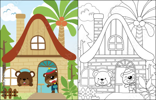 two cute bear cartoon in sweet home, coloring book or page