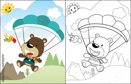 cartoon vector of cute bear skydiving, coloring book or page