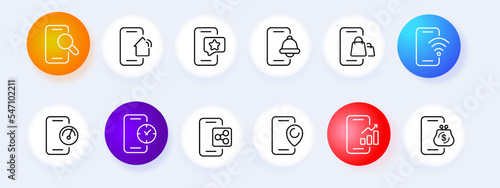 Phone button set icon. Magnifier, search, smart home, star, favorite, notification, connection, wifi, speedtest, clock, wallet, pointer, location. Smartphone concept. Neomorphism style
