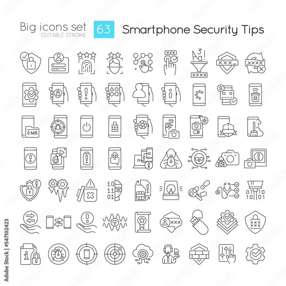 Smartphone security tips linear icons set. Prevention from hacking attack. Security. Customizable thin line symbols. Isolated vector outline illustrations. Editable stroke. Quicksand-Light font used Smartphone security tips linear icons set. Prevention from hacking attack. Security. Customizable thin line symbols. Isolated vector outline illustrations. Editable stroke. Quicksand-Light font used