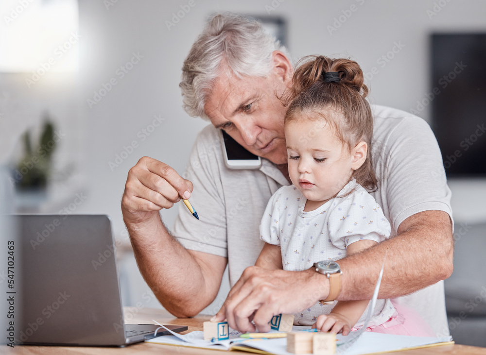 Remote, phone call and grandfather doing business with a child with toys for learning, education and playing in house. Entrepreneur, networking and senior man with mobile, laptop and girl with blocks Remote, phone call and grandfather doing business with a child with toys for learning, education and playing in house. Entrepreneur, networking and senior man with mobile, laptop and girl with blocks