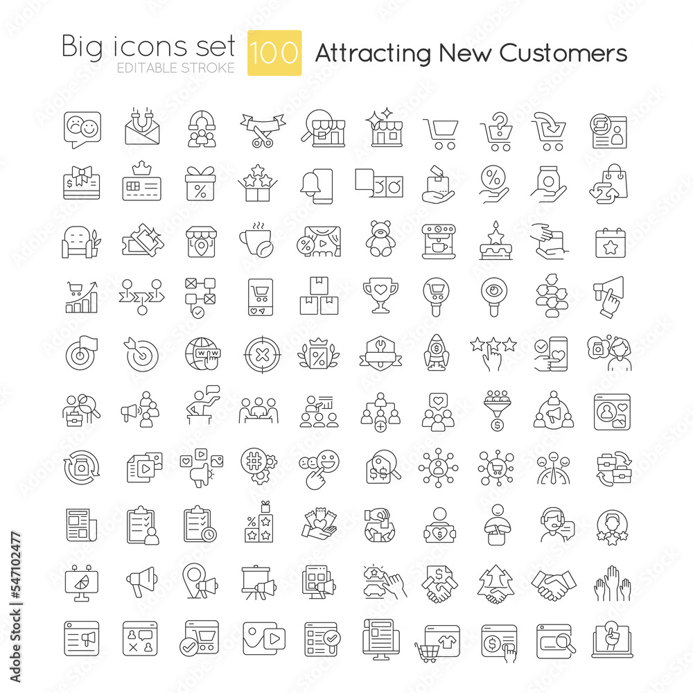 Attracting new customers linear big icons set. Finding potential clients. Customizable thin line symbols. Isolated vector outline illustrations. Editable stroke. Quicksand-Light font used