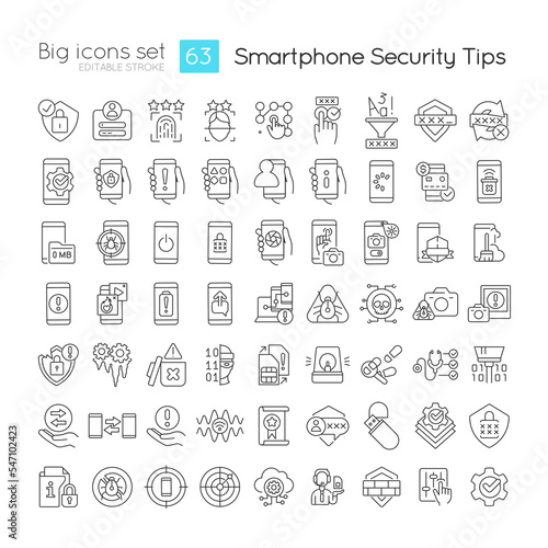 Smartphone security tips linear icons set. Prevention from hacking attack. Security. Customizable thin line symbols. Isolated vector outline illustrations. Editable stroke. Quicksand-Light font used