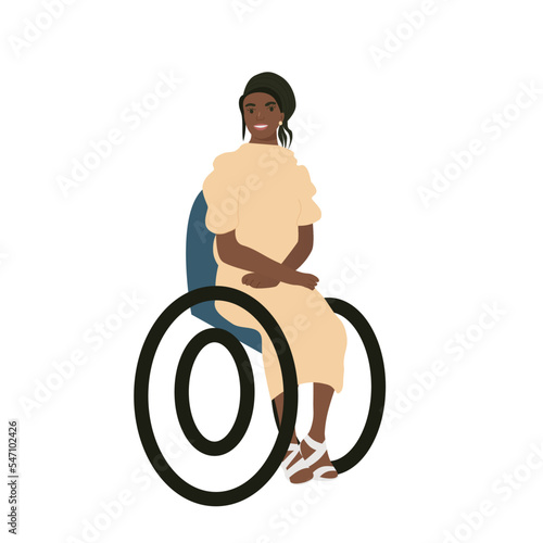Fashion smiling disabled young woman sitting on wheelchair isolated on white. Flat handicapped stylish girl character. Living with disability, equal opportunities. Vector illustration