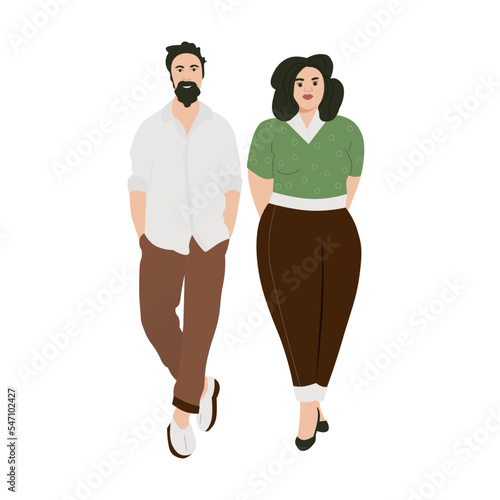 together isolated on white background. Positive couple body positive woman and handsome man. Flat vecctor illustration