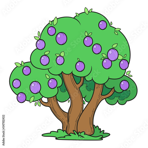 Large overgrown plum tree with fruits color variation for coloring page on white background