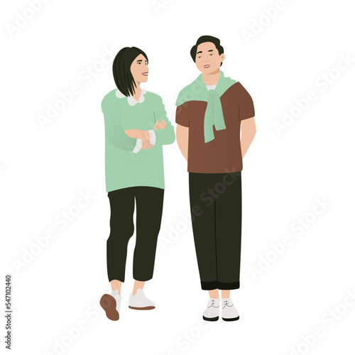 Fashion asian man and woman chating. Couple flirting flat vector illustration
