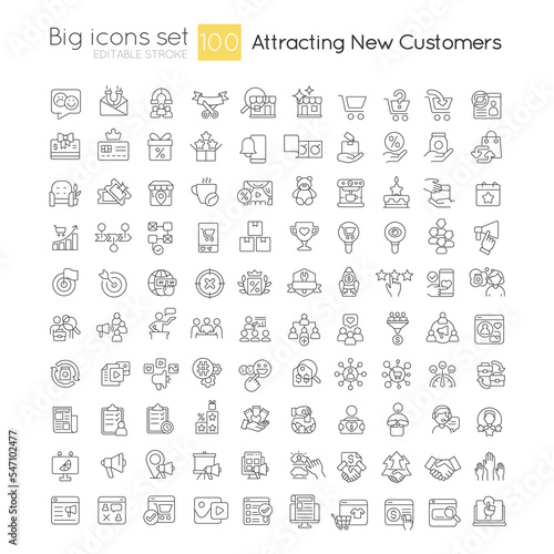 Attracting new customers linear big icons set. Finding potential clients. Customizable thin line symbols. Isolated vector outline illustrations. Editable stroke. Quicksand-Light font used