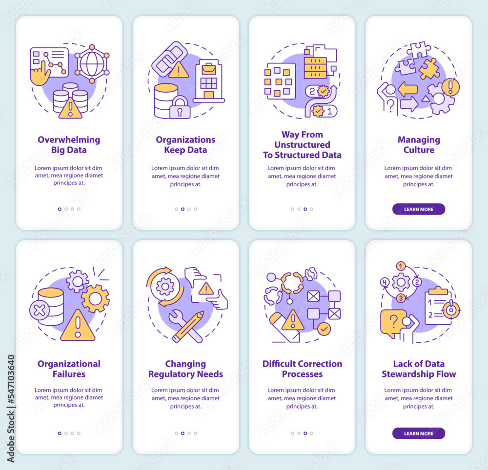 Data regulations challenges onboarding mobile app screen set. Walkthrough 4 steps editable graphic instructions with linear concepts. UI, UX, GUI template. Myriad Pro-Bold, Regular fonts used