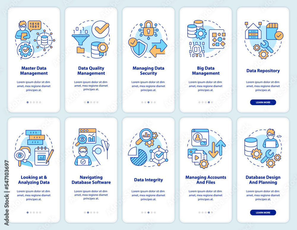 Data management process onboarding mobile app screen set. Analytics walkthrough 5 steps editable graphic instructions with linear concepts. UI, UX, GUI template. Myriad Pro-Bold, Regular fonts used