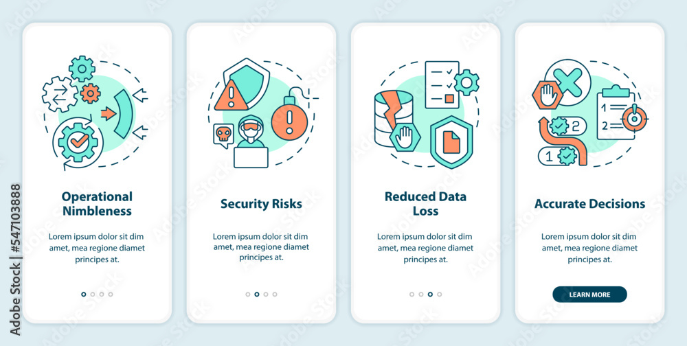 Benefits of good data management onboarding mobile app screen. Walkthrough 4 steps editable graphic instructions with linear concepts. UI, UX, GUI template. Myriad Pro-Bold, Regular fonts used