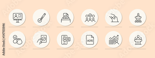 Polling station set icon. Pen, tick, vote, referendum, petition, election, vote, president, MP, politician, give a speech, victory, debate, will, politics. Voting concept. Pastel color background