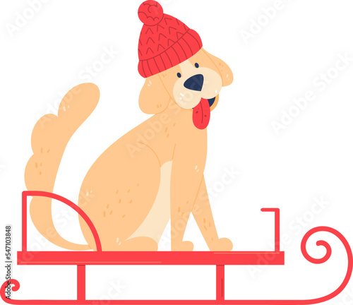 Christmas dog celebrate christmas on sled home sweet pet cartoon vector illustration isolated on white