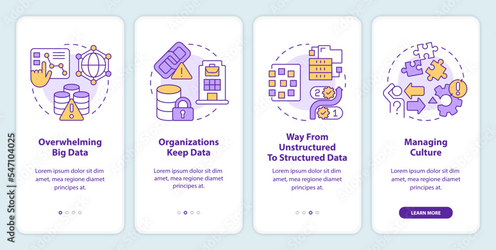 Data management challenges onboarding mobile app screen. Information walkthrough 4 steps editable graphic instructions with linear concepts. UI, UX, GUI template. Myriad Pro-Bold, Regular fonts used