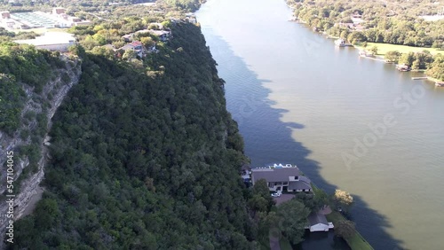 Aerial shot of Mount Bonnell Overlook Landscape view of Texas Hill Country Colorado River. photo