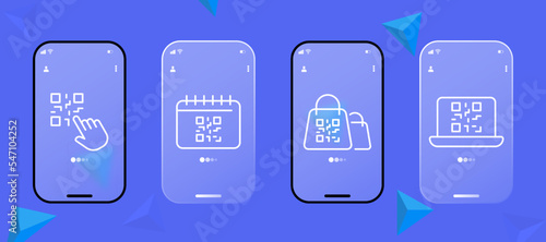 QR codes set icon. Sticker, product labeling, encrypted information, click, laptop, scanner, scan, barcode, buy, purchase, shopping. Technology concept. Glassmorphism style. UI phone app creen