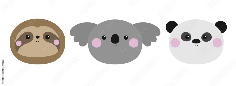 Obraz premium Sloth koala panda bear set. Round face icon. Cute kawaii cartoon baby character. Pink cheek. Happy Valentines Day. Greeting card template. Notebook cover, tshirt print. White background. Flat design.