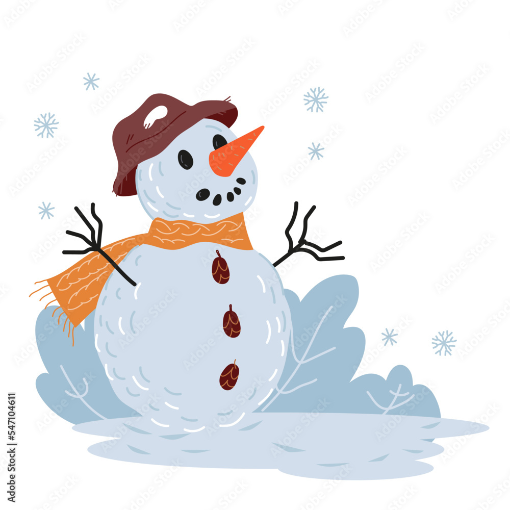 Obraz premium Snowman with hat and scarf standing in snowdrifts, flat vector illustration isolated on white background. Fun at winter holidays and games with snow.