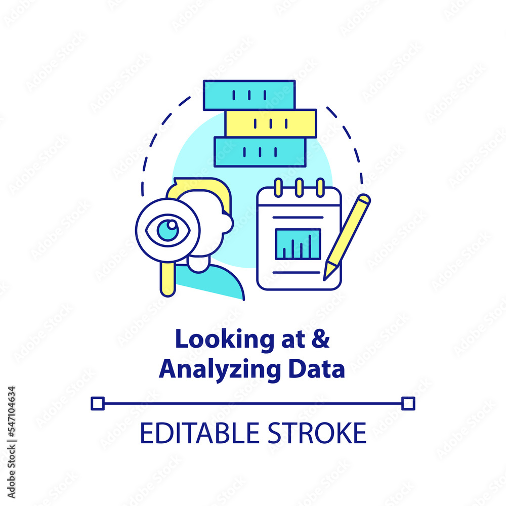 Looking at and analyzing data concept icon. Business intelligence. Analytics skills abstract idea thin line illustration. Isolated outline drawing. Editable stroke. Arial, Myriad Pro-Bold fonts used Looking at and analyzing data concept icon. Business intelligence. Analytics skills abstract idea thin line illustration. Isolated outline drawing. Editable stroke. Arial, Myriad Pro-Bold fonts used
